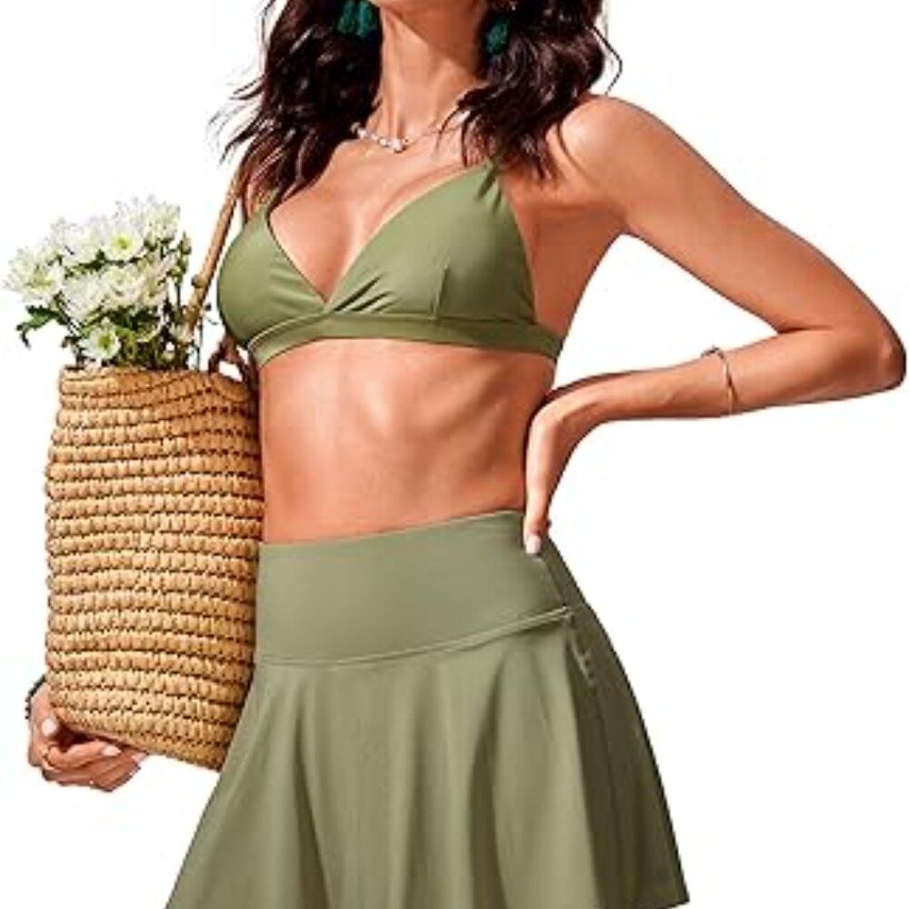 NWT CRZ YOGA Womens High Waisted Swim Skirt Baddie Preppy Moss Green Summer S - Picture 2 of 4